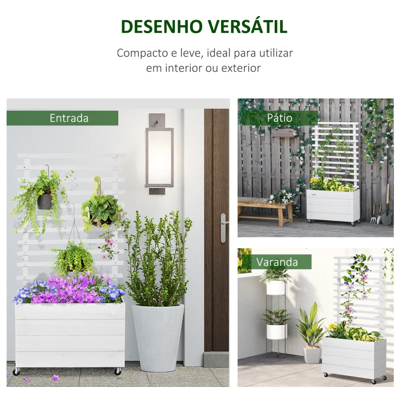 Outsunny Floreira com Treliça de Madeira Maciça com 4 Rodas Caixa de Plantio com Suporte para Plantas Trepadeiras e Malha Geotêxtil para Cultivos de Plantas Flores 76x30x155cm Branco