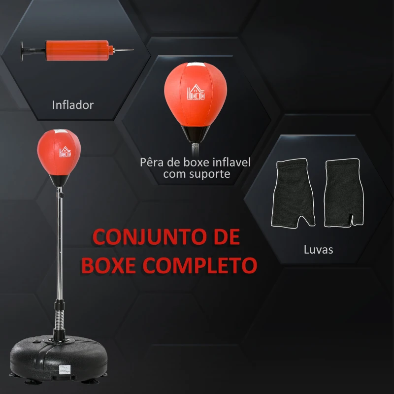 HOMCOM Saco de Boxe de Pé com Altura Ajustável de 4 Níveis Punching Ball com Base Preenchida Luvas e Inflador para Adultos e Adolescentes Ø45x132-158cm Preto e Vermelho