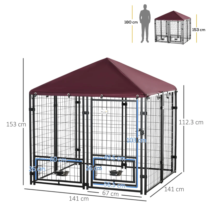 PawHut Cusca de Exterior pentru Caini cu lacatel, 2 Boluri Pivotante si Acoperis Detasabil, Negru si Rosu(m-3)