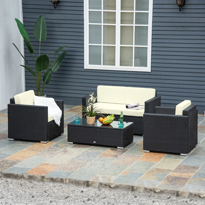Outsunny Set pentru gradina 4 Piese din Rattan si Otel, Crem