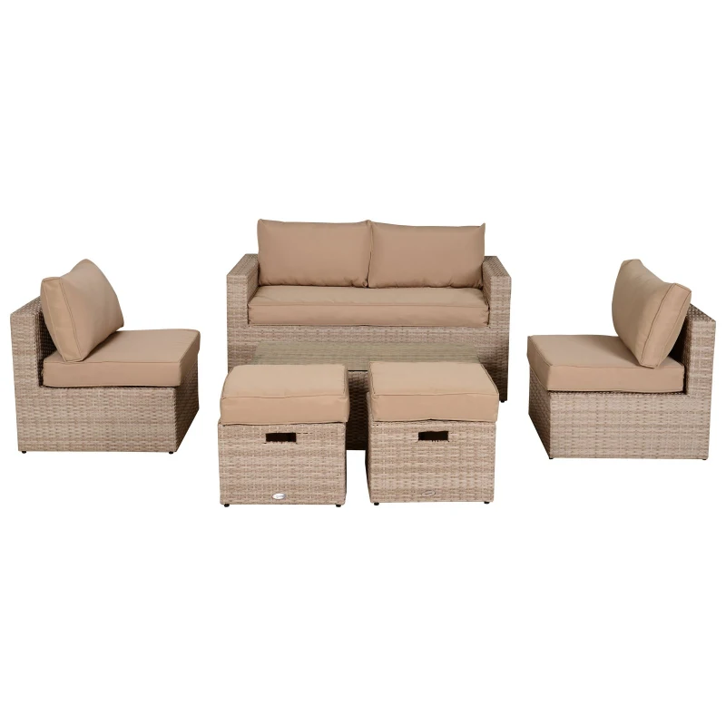 Outsunny Mobilier Gradina Set 6 Piese pentru Exterior cu Canapea 2 Fotolii 2 Pufuri si Masuta Kaki si Bej