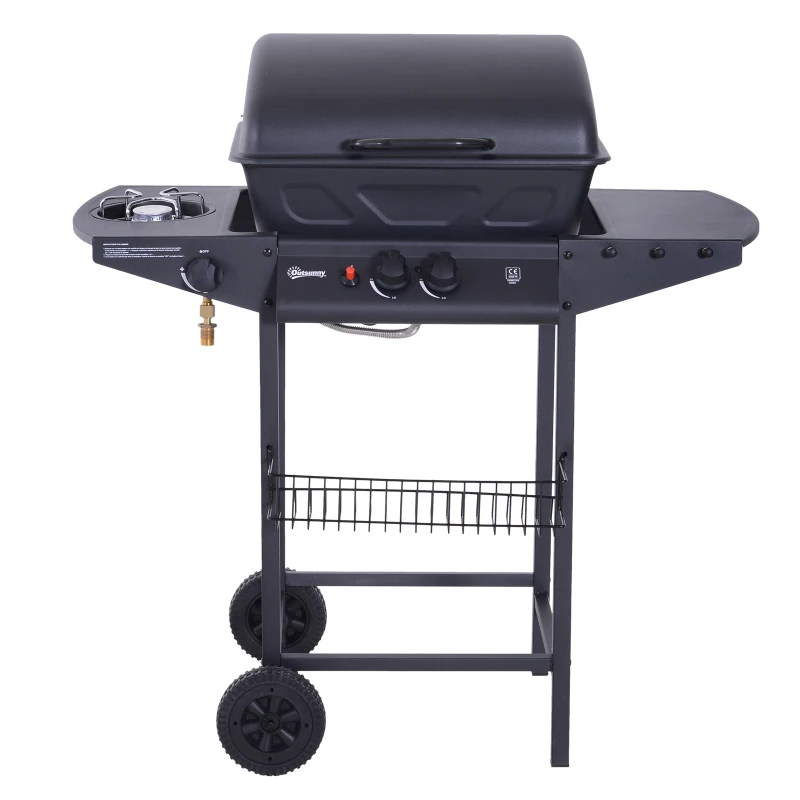 Outsunny Barbecue pe Gaz cu 2 Grilaje Raft Lateral si Capac in Metal Negru