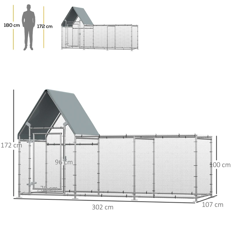 Gard pentru Gaini PawHut din Otel Galvanizat cu Prelata de Protectie din Tesatura Oxford, Argintiu, 302x107x172cm(m-3)