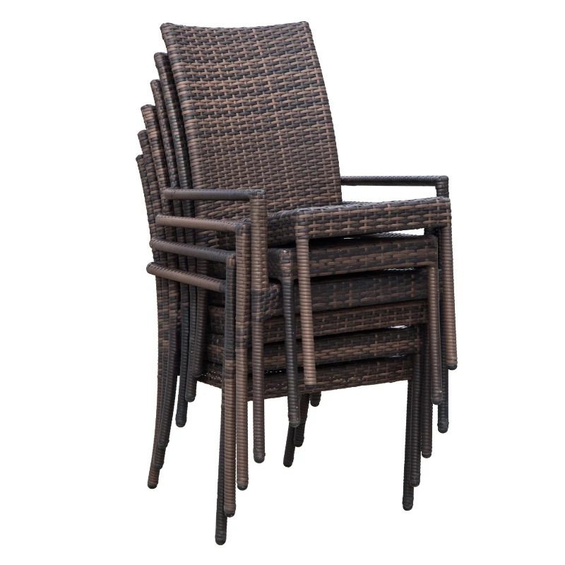Outsunny Set Mobilier Rattan Masa de Pranz in Sticla cu 6 Scaune, Maro