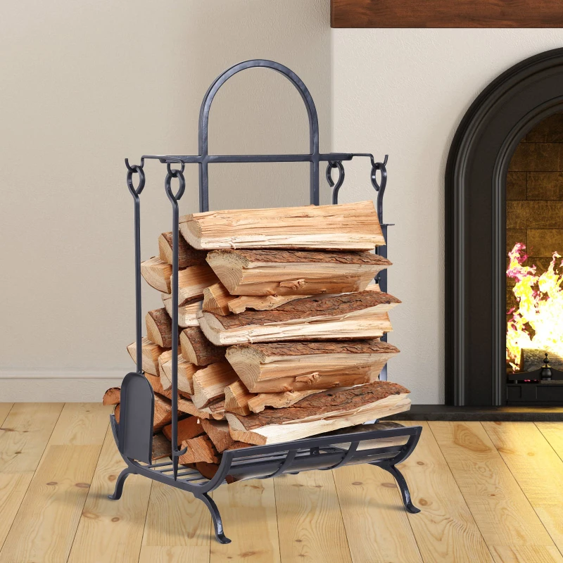 Outsunny Caseta pentru lemne din Fier Capacitate 100 kg cu 4 Instrumente Incluse pentru Intern si Extern Negru