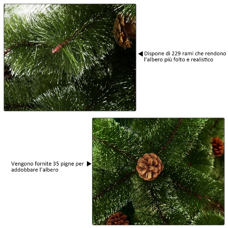 HomCom Albero di Natale Artificiale 150cm 229 Rami con 35 Pigne