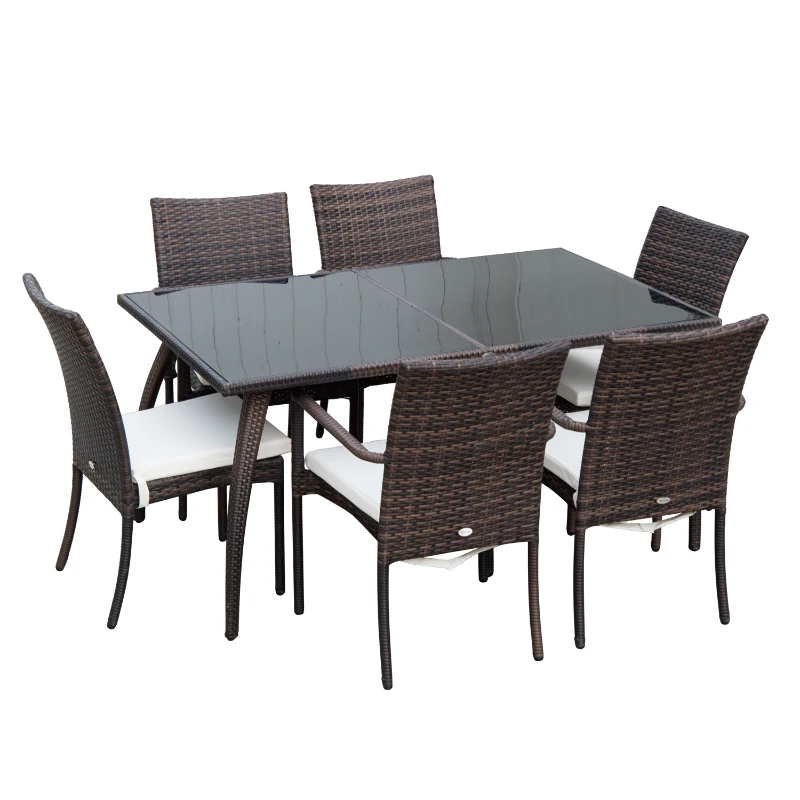 Outsunny Set Mobilier Rattan Masa de Pranz in Sticla cu 6 Scaune, Maro