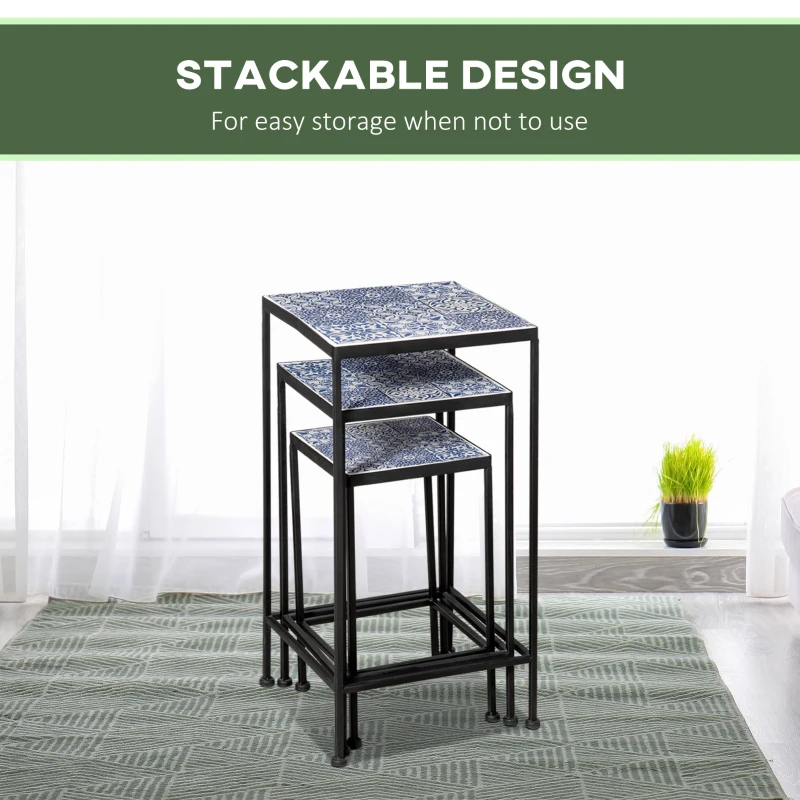 Outsunny Suport plante floral din metal cu suprafata cu placi din ceramica 3 bucati pentru gradina si balcon, albastru si negru