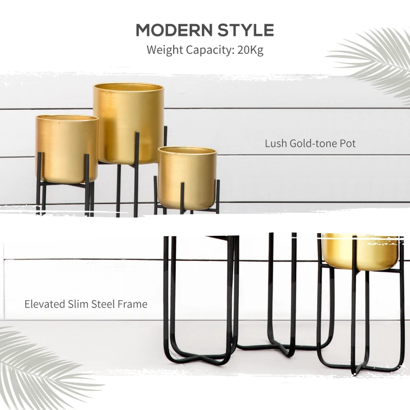 Outsunny Jardiniera Set de 3 Piese cu Suport din Metal pentru Amenajare la Interior si Exterior Auriu