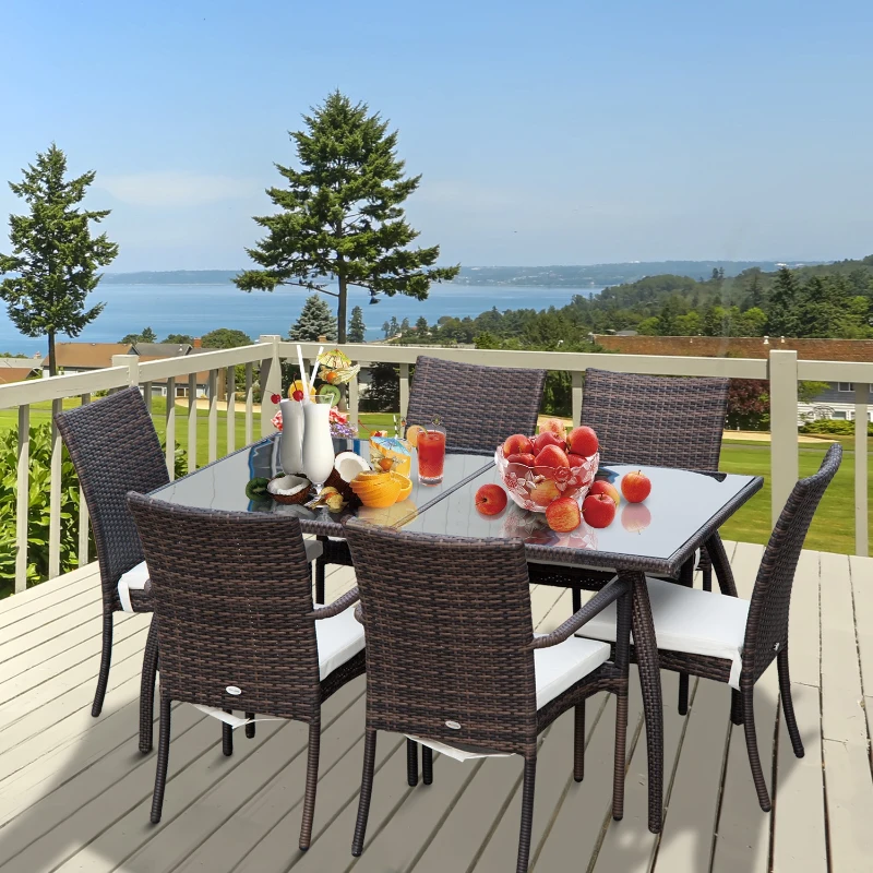 Outsunny Set Mobilier Rattan Masa de Pranz in Sticla cu 6 Scaune, Maro