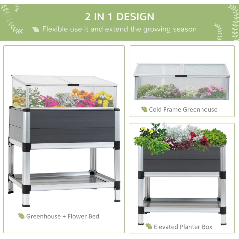 Outsunny Jardiniera inaltata cu mini sera din policarbonat si raft inferior din aluminiu si PVC, gri