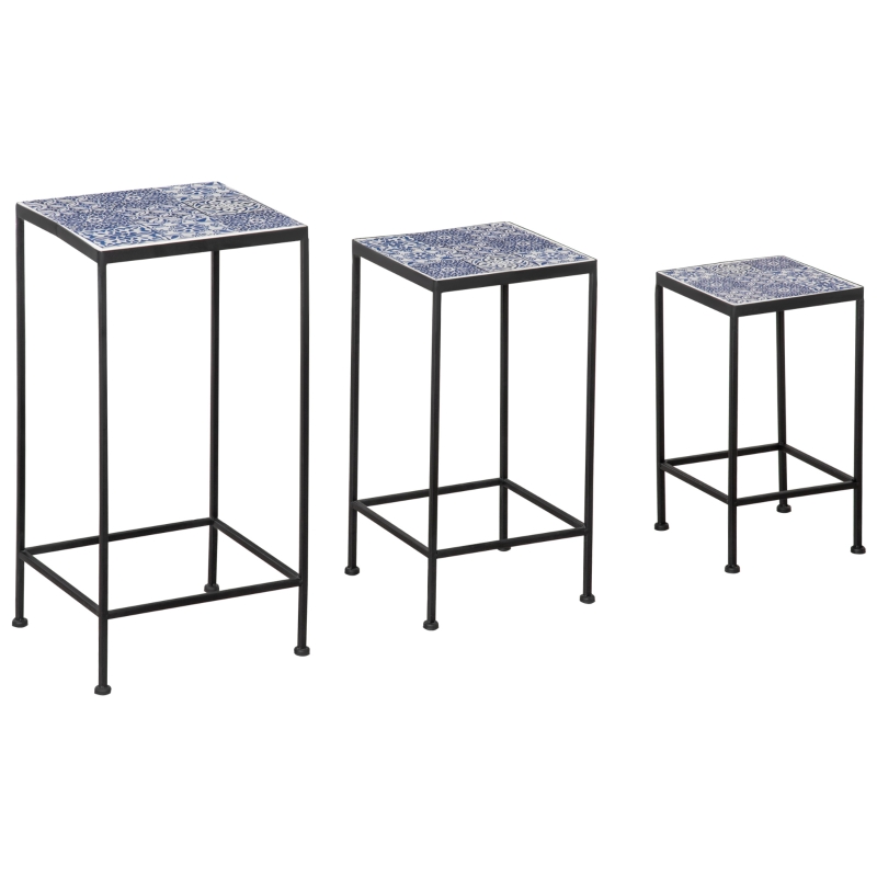 Outsunny Suport plante floral din metal cu suprafata cu placi din ceramica 3 bucati pentru gradina si balcon, albastru si negru