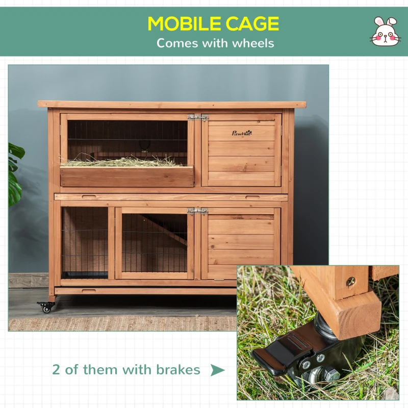 Pawhut Cusca Iepuri 2 Niveluri – Lemn cu Roti, Tava Detasabila & Rampa