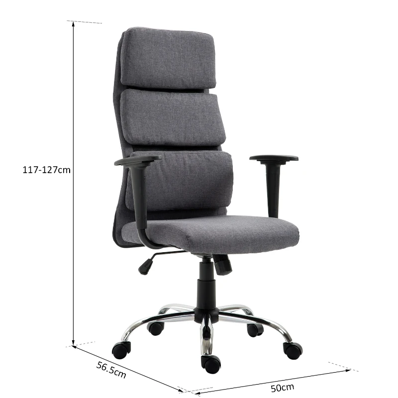 Homcom Fotoliu de Birou Rotativ cu Spatar Inalt Reglabil in Tesatura, Gri, 50x56.5x117-127cm