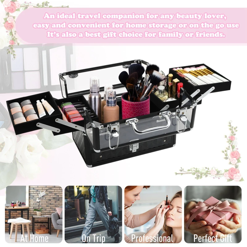 HOMCOM Valiza Make Up Profesionala cu Truse Detasabile Rama din Aluminiu 30x18.5x22cm
