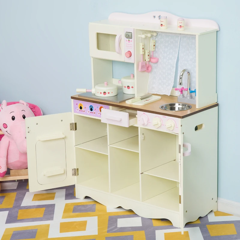 HOMCOM Bucatarie Jucarie in Lemn cu Unelte, Alb, 71x30x97.5cm