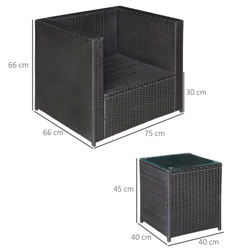 Outsunny Set Mobilier de Gradina Ratan PE de 3 Piese, 2 Fotolii de Exterior, Masuta si Perne, Negru