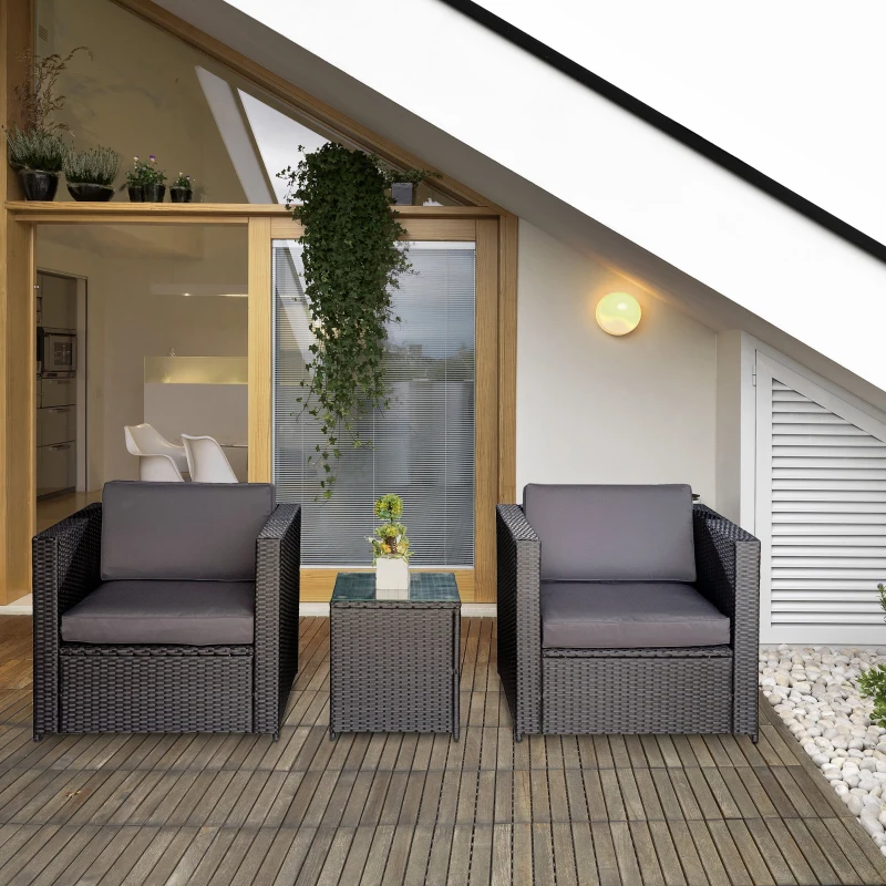 Outsunny Set Mobilier de Gradina Ratan PE de 3 Piese, 2 Fotolii de Exterior, Masuta si Perne, Negru