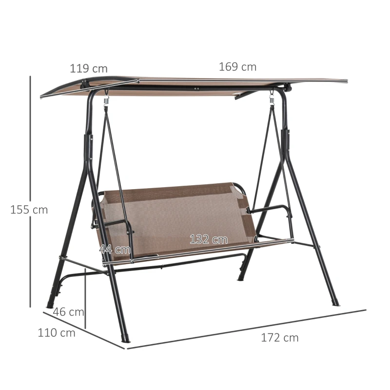 Outsunny Balansoar de Gradina/Terasa 3 Locuri cu Baldachin Reglabil din Metal si Textilen, 172x110x155 cm, Maro(m-3)