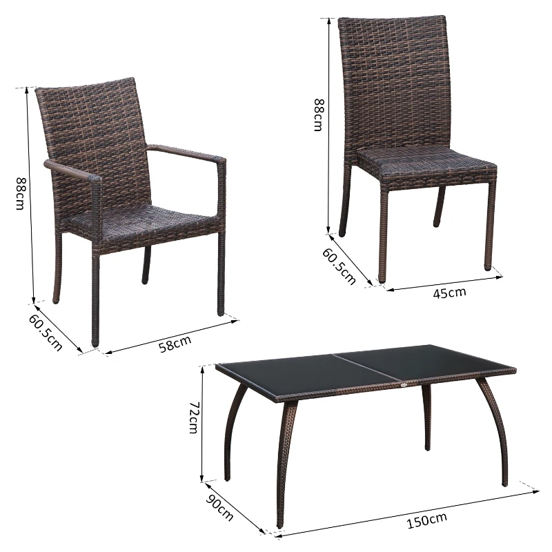 Outsunny Set Mobilier Rattan Masa de Pranz in Sticla cu 6 Scaune, Maro