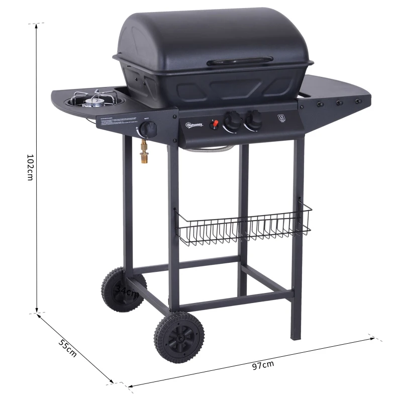 Outsunny Barbecue pe Gaz cu 2 Grilaje Raft Lateral si Capac in Metal Negru
