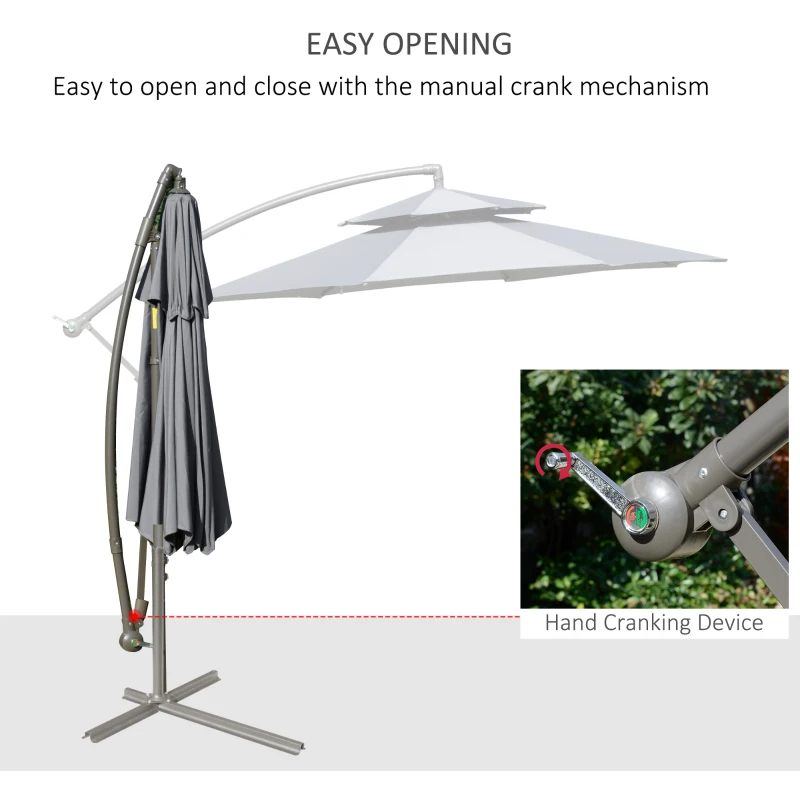 Outsunny Parasolar de gradina de 2.7m cu maner de reglare, parasolar cu nivel dublu si baza pentru exterior, umbrela de soare suspendata, Gri inchis