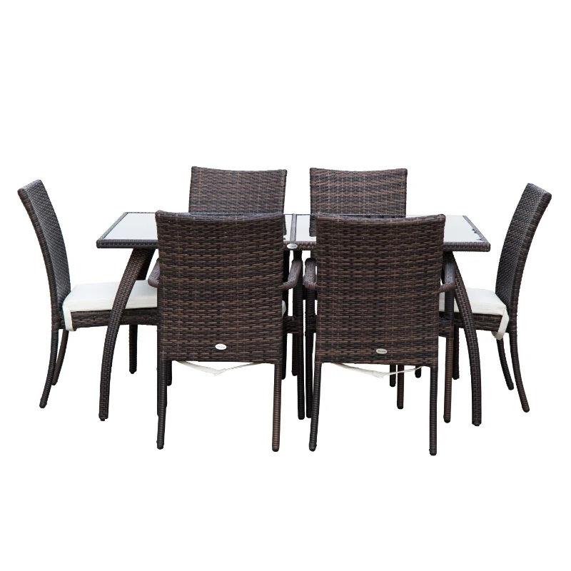 Outsunny Set Mobilier Rattan Masa de Pranz in Sticla cu 6 Scaune, Maro