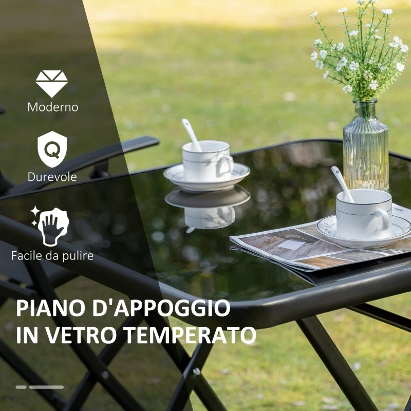 Outsunny Set Masa cu 2 Scaune de Gradina Pliabile, din Sticla Securizata si Metal, Gri