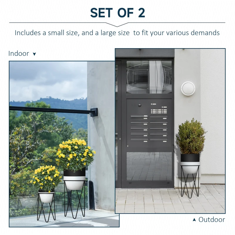Outsunny Ghiveci set 2 bucati cu suport metalic pentru amenajarea spatiilor interioare si exterioare negru