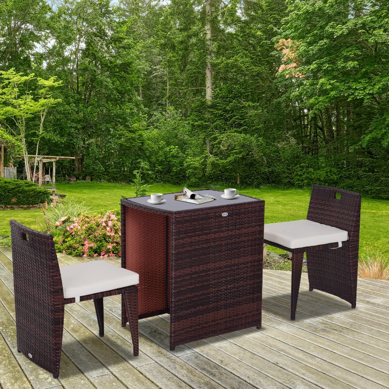 Outsunny Set Mobilier pentru Grădină din Poly Ratan și Fier 3buc Set Masă și Scaune pentru Grădină Maro și Bej