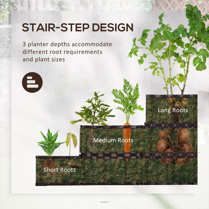 Outsunny Pat de gradina inaltat cu 3 niveluri din ratan sintetic fara fund pentru plante si legume, 120x120x40cm, gri
