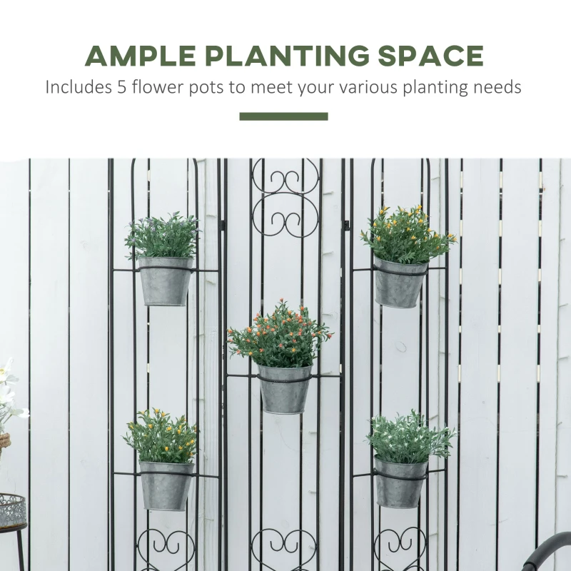 Outsunny Suport vertical pentru plante, pliabil cu 5 ghivece pentru exterior, din metal, 82x12.5x150cm, negru