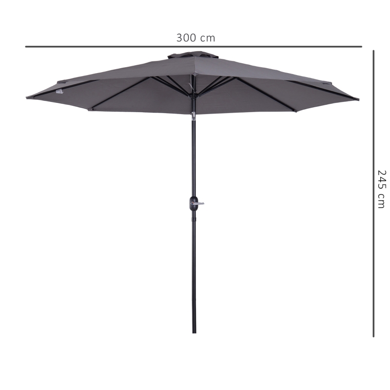 Outsunny Umbrelă Rotundă de 300x250cm cu Manivelă și Funcție de Înclinare, Umbrelă de Grădină, Terasă, Exterior, Metal și Poliester Gri Închis