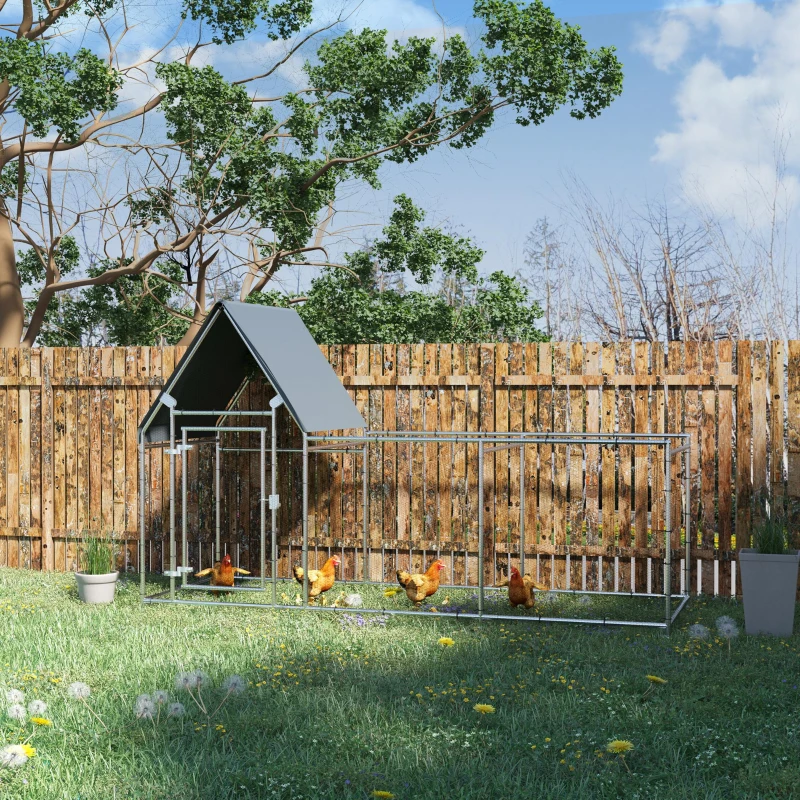 Gard pentru Gaini PawHut din Otel Galvanizat cu Prelata de Protectie din Tesatura Oxford, Argintiu, 302x107x172cm(m-2)