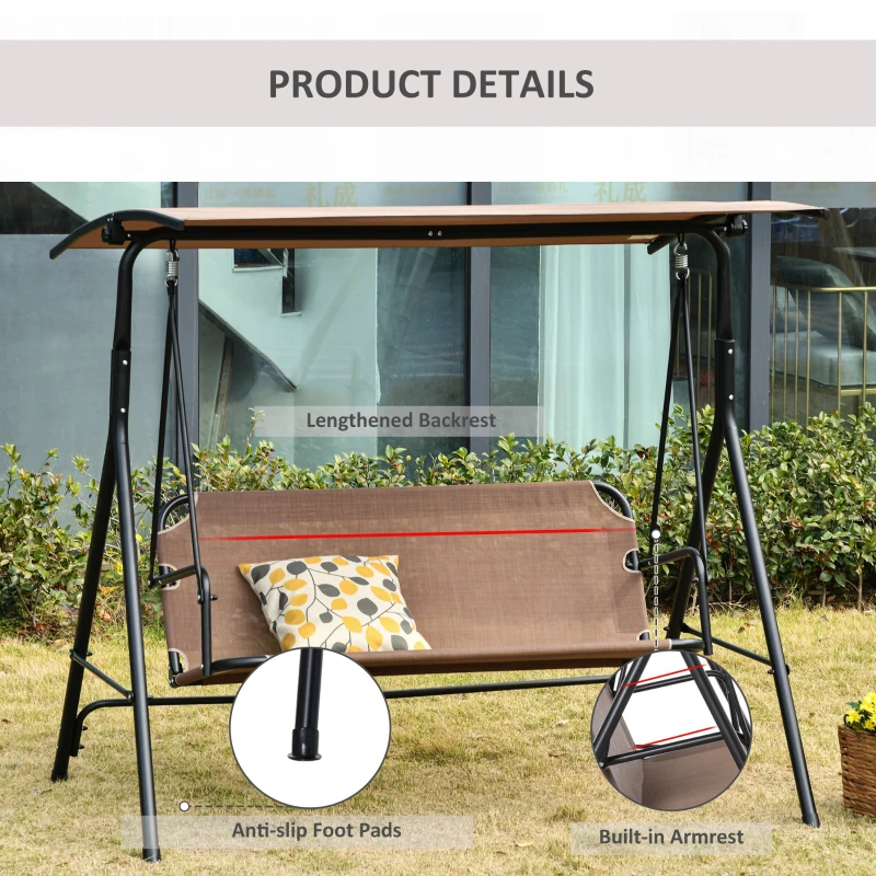 Outsunny Balansoar de Gradina/Terasa 3 Locuri cu Baldachin Reglabil din Metal si Textilen, 172x110x155 cm, Maro(m-6)