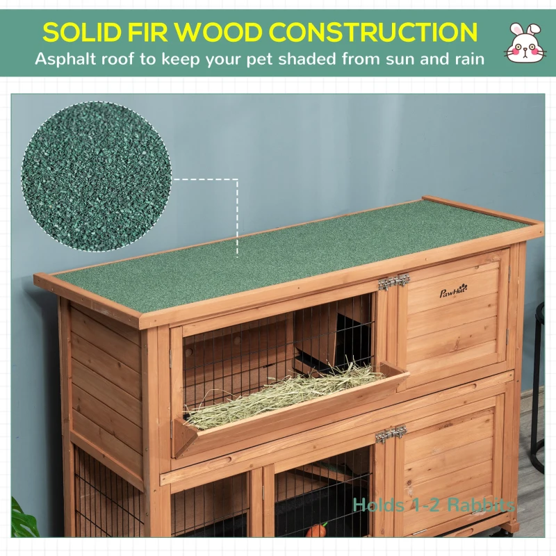 Pawhut Cusca Iepuri 2 Niveluri – Lemn cu Roti, Tava Detasabila & Rampa