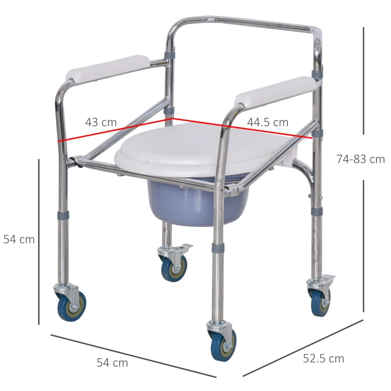 Homcom Scaun Comfortabil WC Pliabil cu 4 Roti Tava Detasabila si Inaltime Reglabila