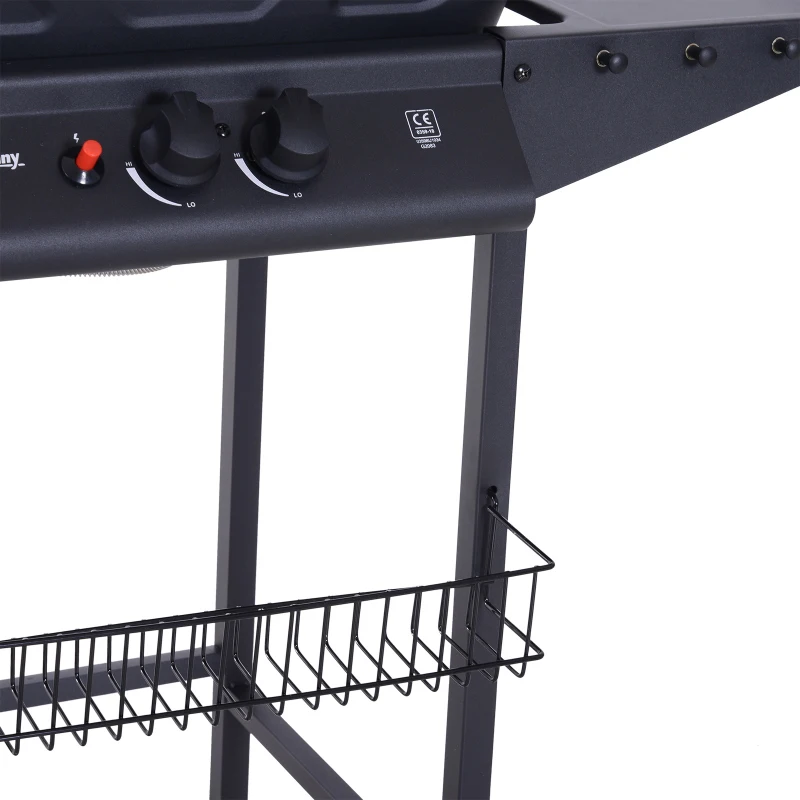 Outsunny Barbecue pe Gaz cu 2 Grilaje Raft Lateral si Capac in Metal Negru