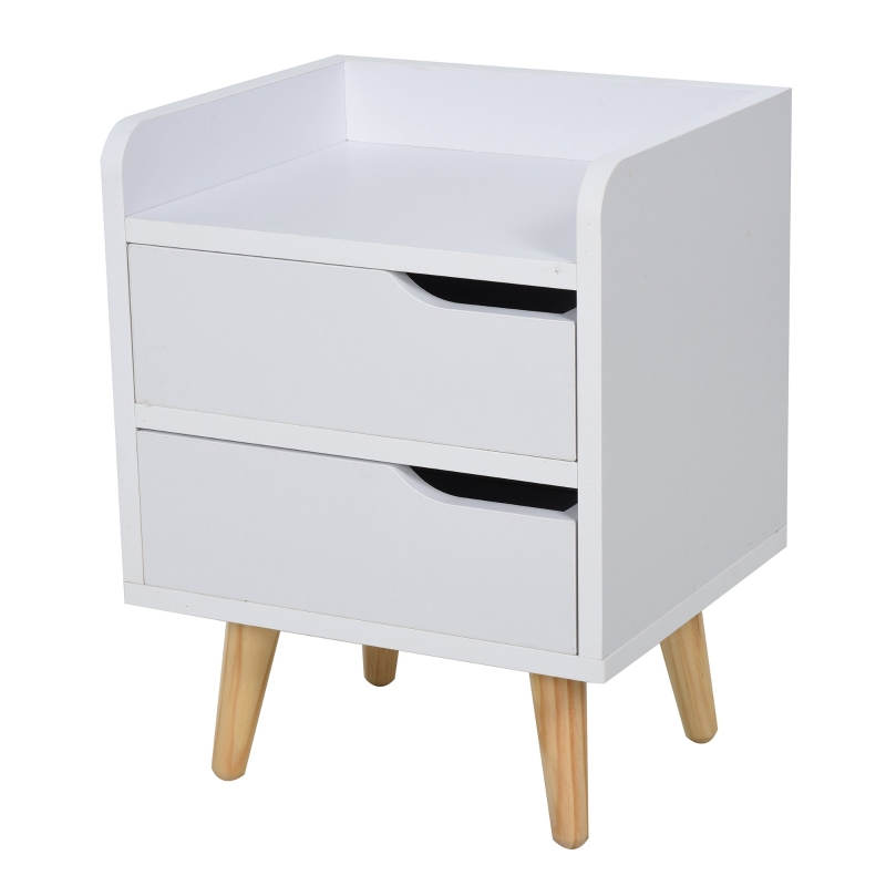 HOMCOM Noptiera cu 2 sertare picioare din pin mobila pentru casa alba