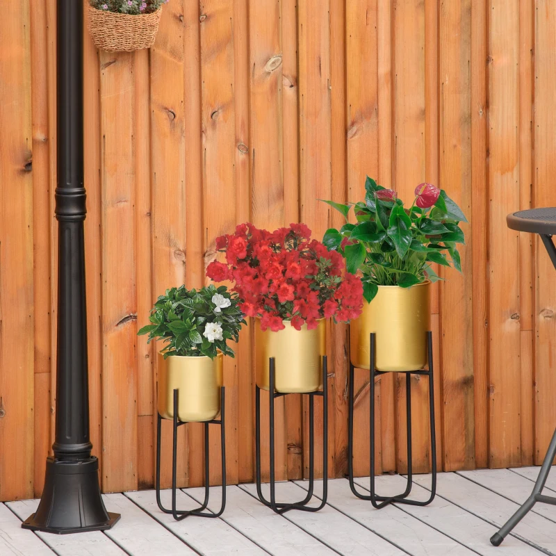 Outsunny Jardiniera Set de 3 Piese cu Suport din Metal pentru Amenajare la Interior si Exterior Auriu