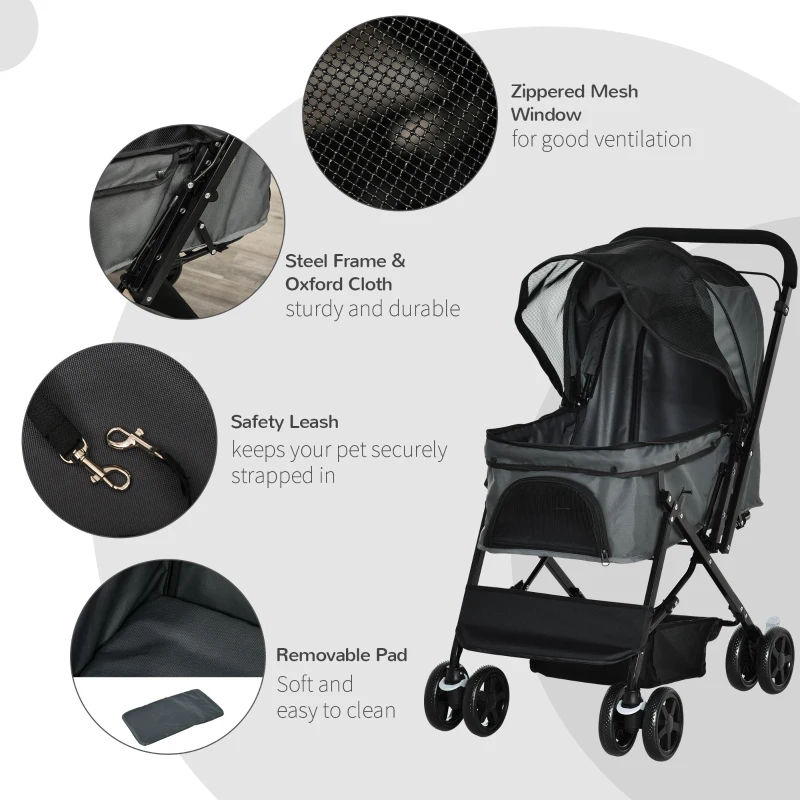 PawHut Carucior pentru Caini Pliabil cu Maner Reversibil si Roti din EVA, Gri