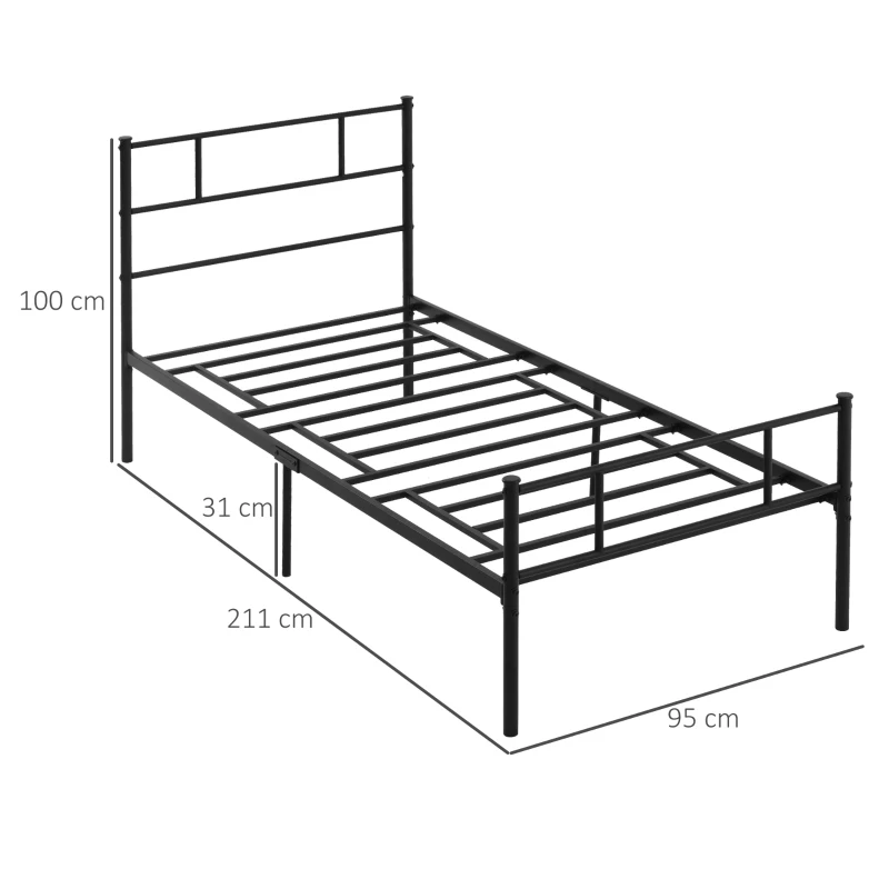 Cadru de Pat de o Persoana HOMCOM 90x200cm din Otel cu Sipci, Tablie cap si Tablie picioare, Negru