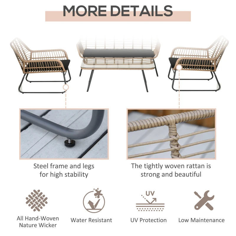 Outsunny Set de canapele pentru veranda, din ratan, cu 4 piese, Natural