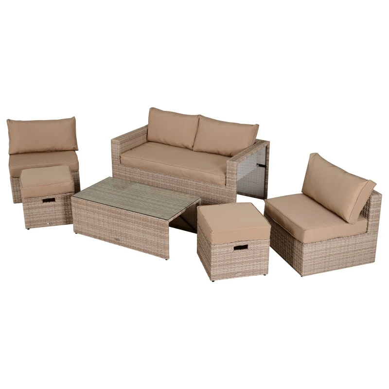 Outsunny Mobilier Gradina Set 6 Piese pentru Exterior cu Canapea 2 Fotolii 2 Pufuri si Masuta Kaki si Bej