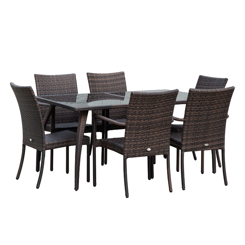 Outsunny Set Mobilier Rattan Masa de Pranz in Sticla cu 6 Scaune, Maro