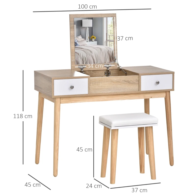 HOMCOM Set masuta de toaleta cu oglinda glisanta scaun tapitat2 sertare 5 compartimente culoarea lemnului