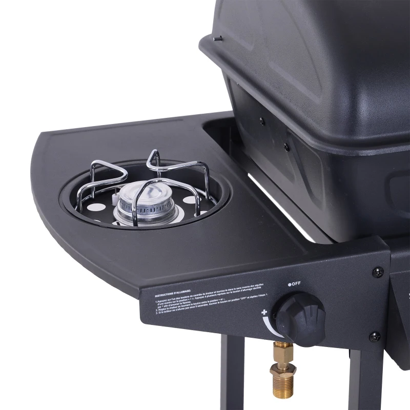 Outsunny Barbecue pe Gaz cu 2 Grilaje Raft Lateral si Capac in Metal Negru