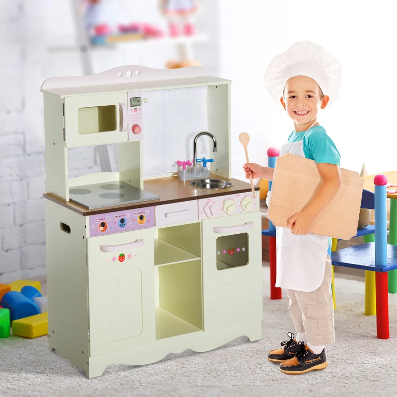 HOMCOM Bucatarie Jucarie in Lemn cu Unelte, Alb, 71x30x97.5cm