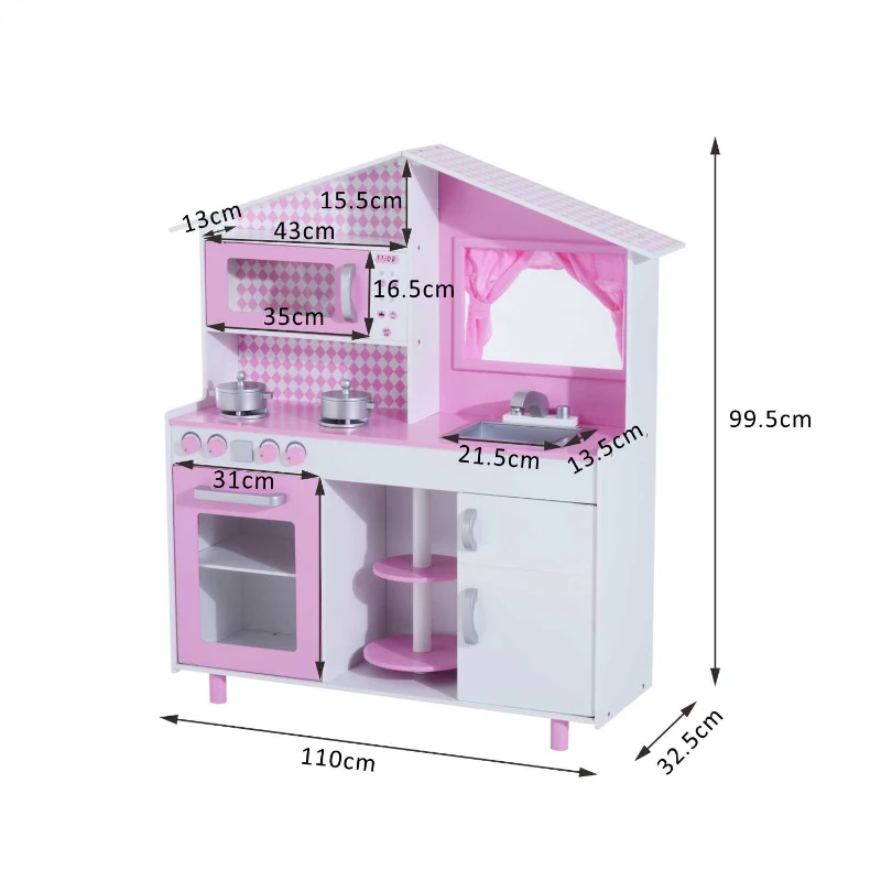 HOMCOM Bucătărie Jucărie pentru Copii din Lemn cu Accesorii, Roz, 110x32.5x99.5cm