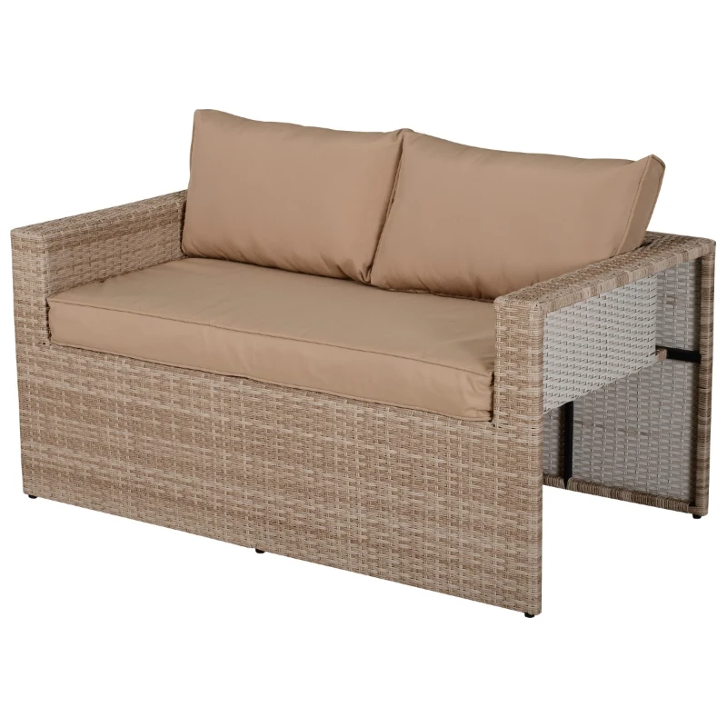 Outsunny Mobilier Gradina Set 6 Piese pentru Exterior cu Canapea 2 Fotolii 2 Pufuri si Masuta Kaki si Bej